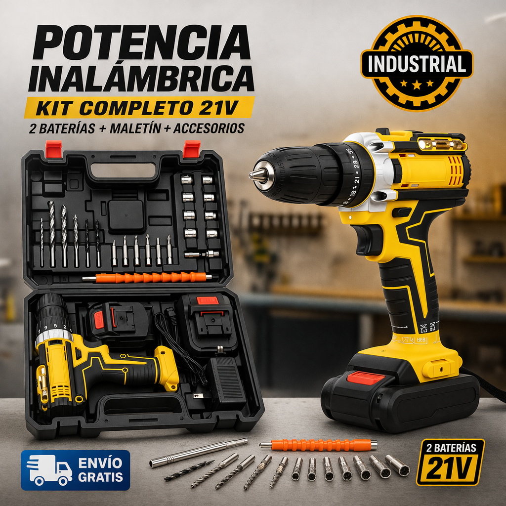 🚨 AGOTÁNDOSE: Taladro Inalámbrico 18V Completo - 2 Baterías + Maletín + Accesorios