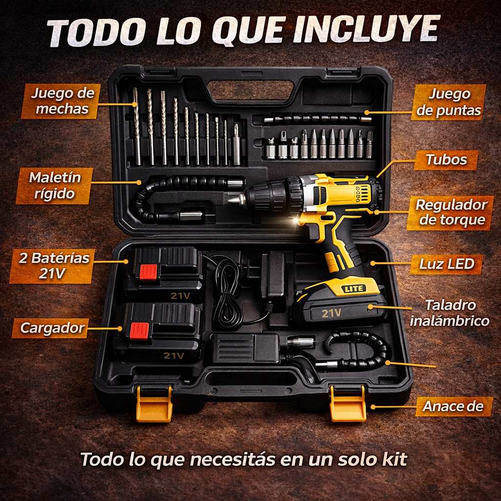 🚨 AGOTÁNDOSE: Taladro Inalámbrico 18V Completo - 2 Baterías + Maletín + Accesorios